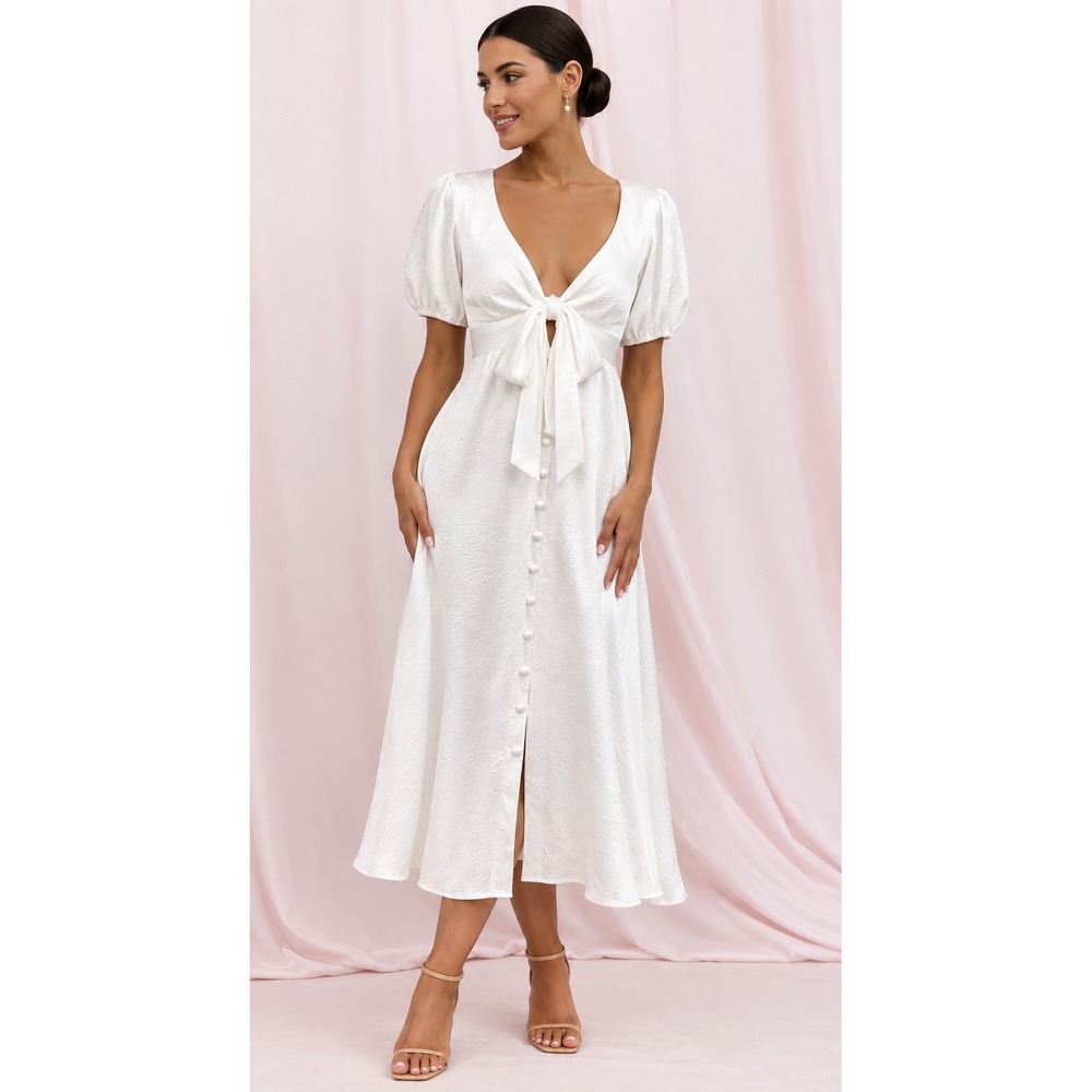 Petal + Pup Piper Dress White Midi Tie Front Puff Sleeve US 12 NWT